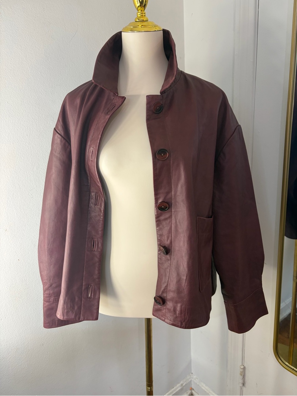 Sézane Burgundy Regine Oversized Lamb butter LeatherButton-Up Jacket